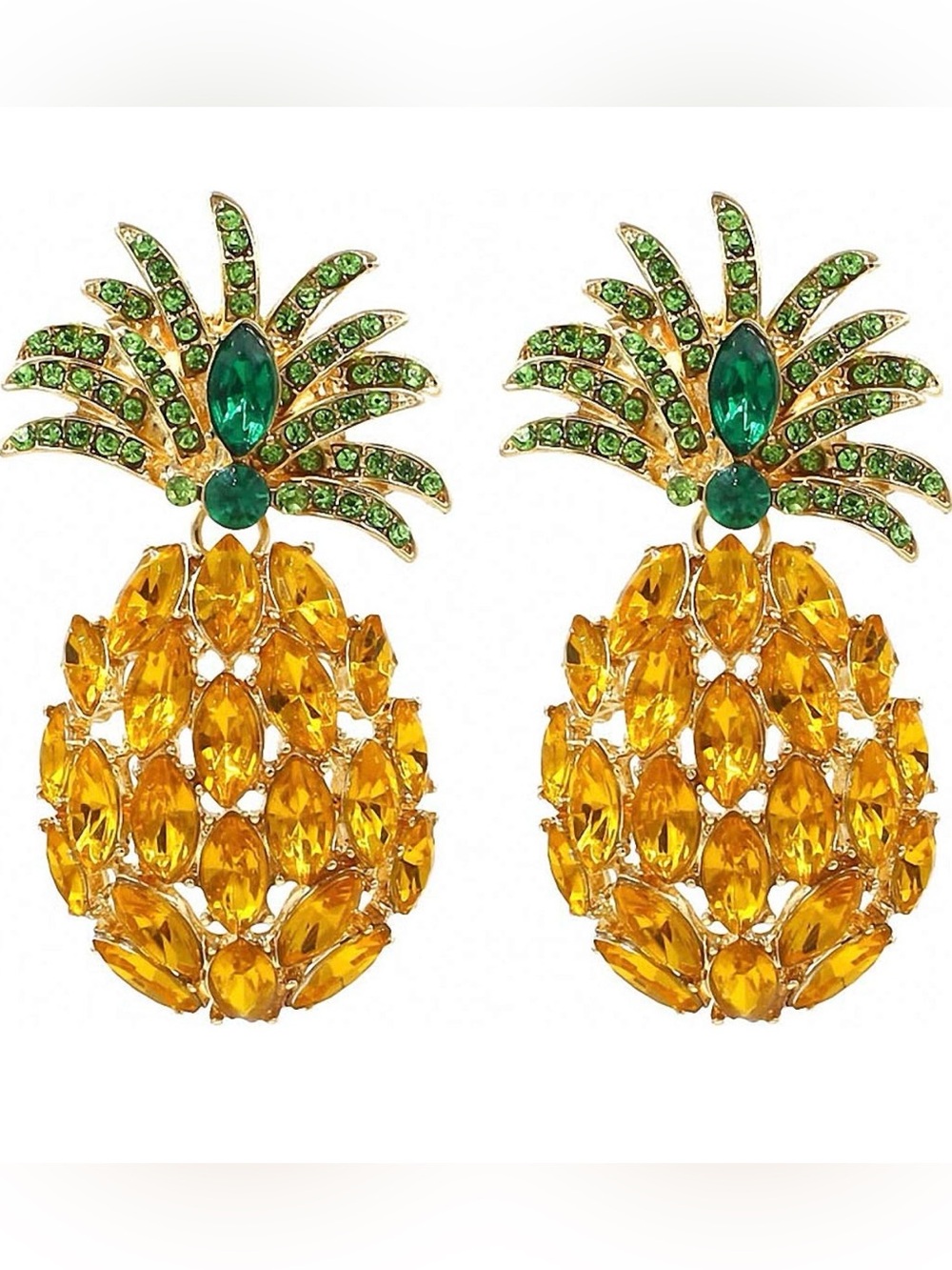 NWOT Pineapple Statement Earrings | Tropical Rhinestone Gold Tone Drop Earrings